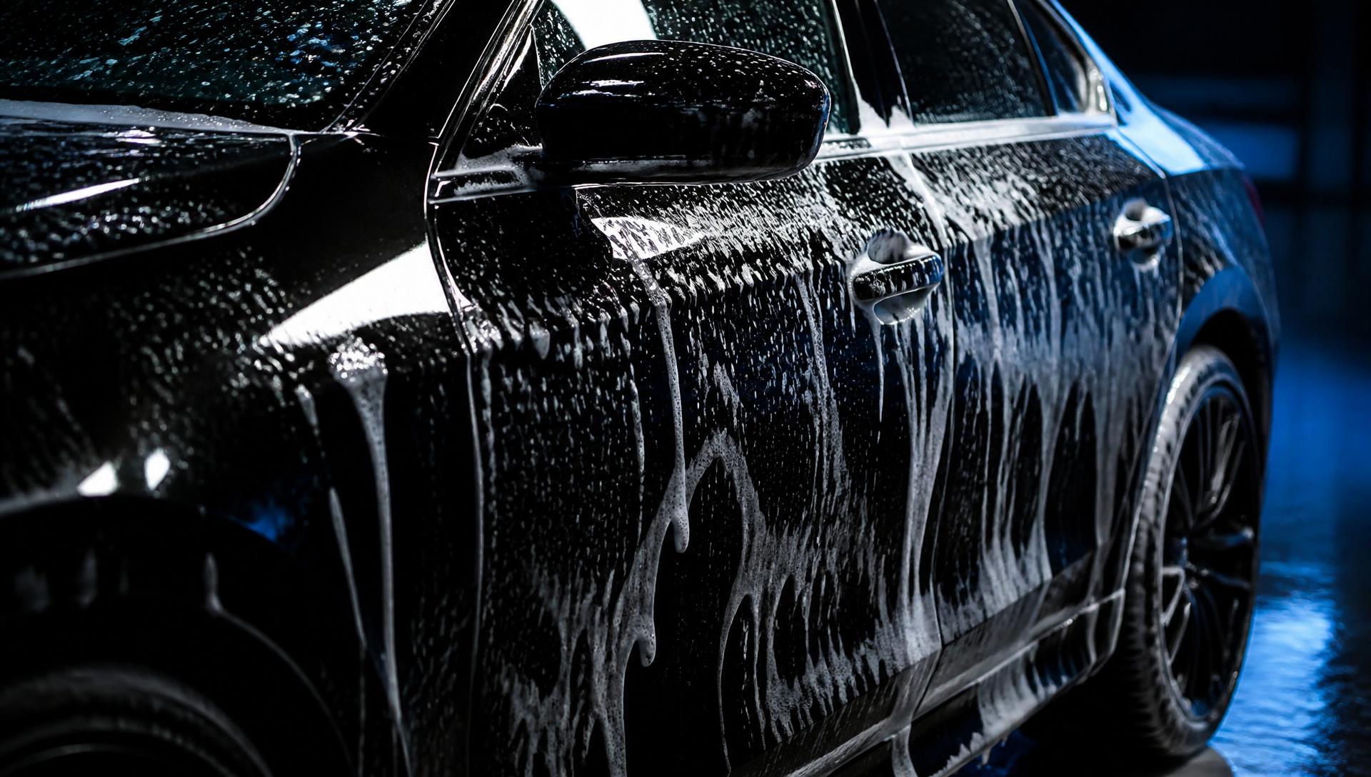 Black car being washed with foam